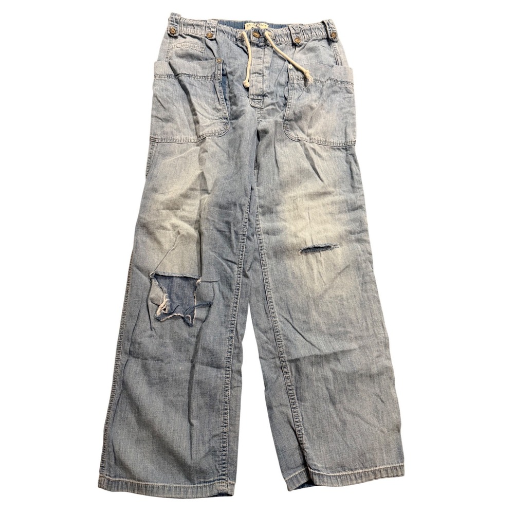 We The Free Wide Leg Jeans Womens Size Small  Blue ‎ Distressed Drawstring
